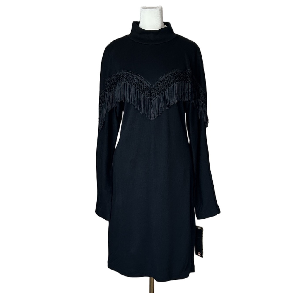 Vintage Designer David Benjamin Black 80s Fringe Mock Neck Sleeves Knit Dress 12